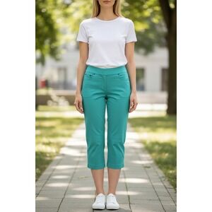 Ruby Rd Petite 12P Teal Stretch Capri Pants Womens Pull On Crop Casual Summer